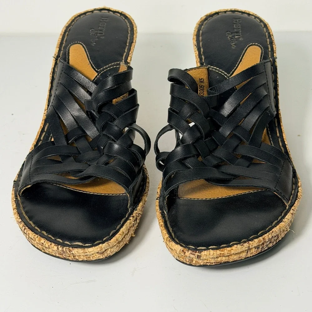 Born Drilles Woven Wedge Sandals Womens Size 9 Black Leather Raffia Boho‎